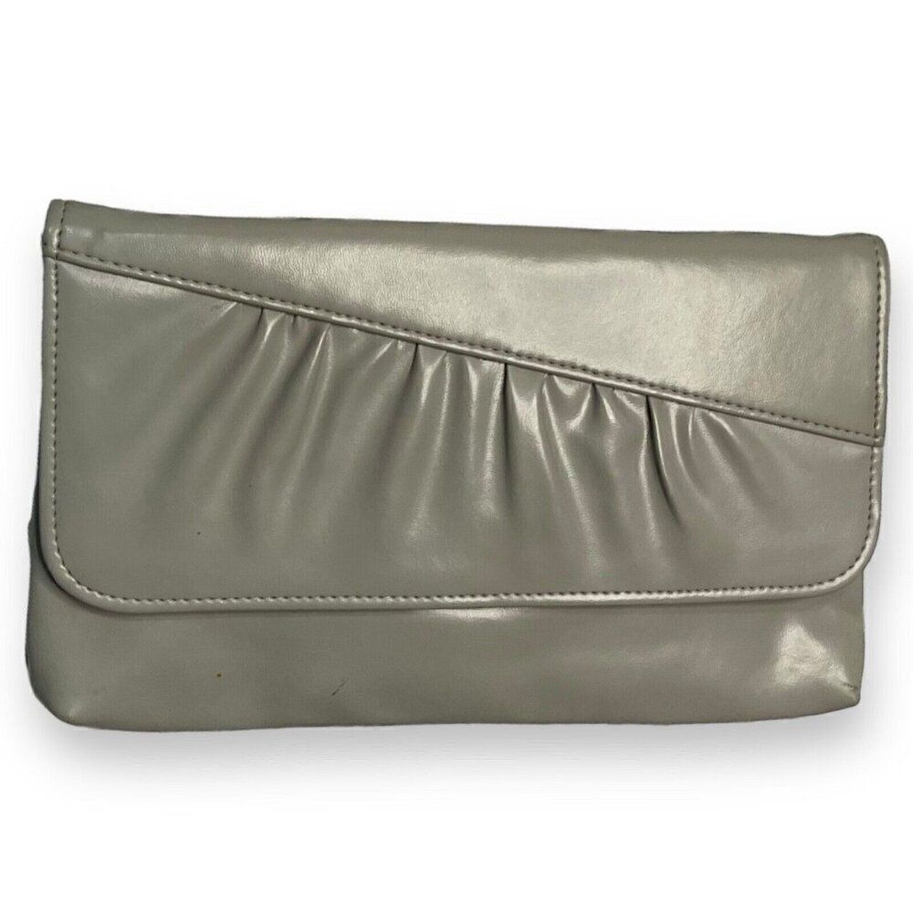 Faux Leather Crossbody Clutch Shoulder Bag Women's Gray Pocket Snap Pleated VTG